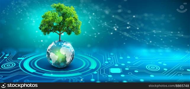 Tree growing on crystal globe. Digital Convergence and Technology Convergence. Blue light, binary and network background. Green Computing, Green Technology, Green IT, csr, and IT ethics Concept.
