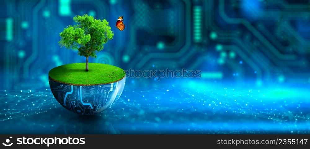 Tree growing on digital plant pot. Eco Technology and Technology Convergence. Green Computing, Green Technology, Green IT, csr, and IT ethics Concept.