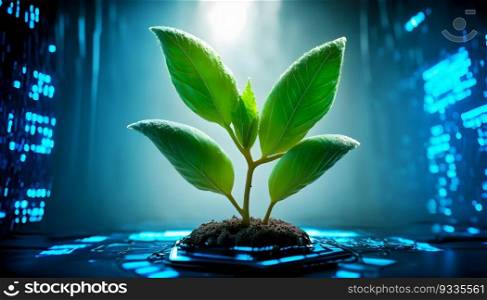 Tree growing on Digital Technology. Eco technology, Green IT, Nature Technology, and Ecology Concept. Generative Ai.