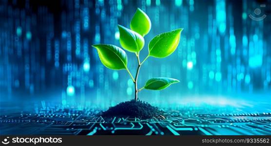 Tree growing on Digital Technology. Eco technology, Green IT, Nature Technology, and Ecology Concept. Generative Ai.