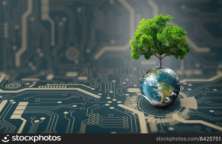 Tree growing on Earth. Digital and Technology Convergence with Technology Background. Green Computing, Green Technology, Green IT, csr, and IT ethics Concept. Elements furnished by NASA.
