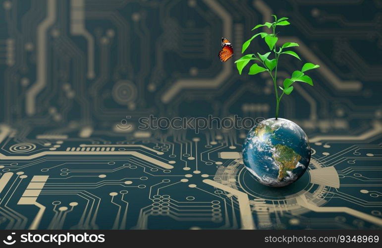 Tree growing on Earth with abstract blue background. Environmental Technology, Earth day, Energy saving, Environmentally friendly, csr, and IT ethics Concept. Elements furnished by NASA.