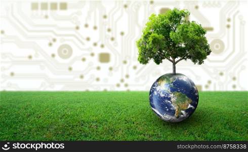 Tree growing on Earth with green grass. Digital and Technology Convergence. Green Computing, Green Technology, Green IT, csr, and IT ethics Concept. Image furnished by NASA.