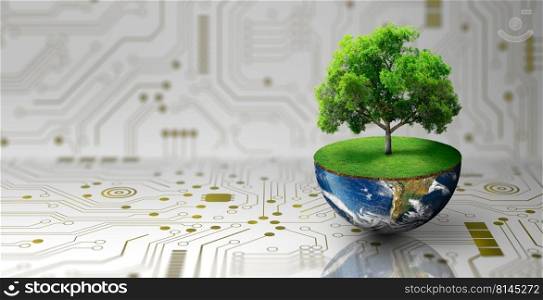 Tree growing on half of earth with green grass and butterfly. Digital and Technology Convergence. Green Computing, Green Technology, Green IT, csr, and IT ethics Concept. Image furnished by NASA.
