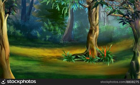 Tree in a Forest on a Summer Day. Digital Painting Background, Illustration. Large Tree in a Dense Forest in a Summer Day. Digital Painting Background, Illustration in cartoon style character.. Trees in a Forest at Day illustration