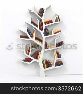 Tree of knowledge. Bookshelf on white background. 3d