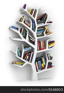 Tree of knowledge. Bookshelf on white background. 3d