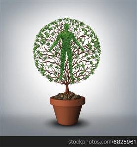 Tree of life symbol as a plant growing from a flower pot shaped as a human as a medical and medicine symbol for a healthy lifestyle or mythology of eternal living and evolution with 3D illustration elements.