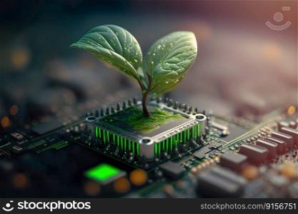 Tree sapling that broke out from computer chip , Green tree sprout on a computer chip , Generate Ai
