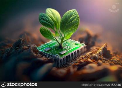 Tree sapling that broke out from computer chip , Green tree sprout on a computer chip , Generate Ai
