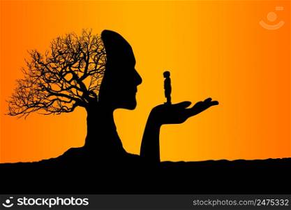 Tree with human head holding a child, 3d rendering