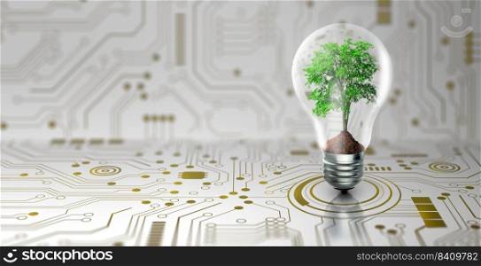 Tree with soil growing on Light bulb. Digital Convergence and and Technology Convergence. Blue light and network background. Green Computing, Green Technology, Green IT, csr, and IT ethics Concept.