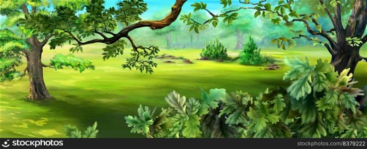 Trees and bush in the forest clearing on a sunny summer day. Digital Painting Background, Illustration.. Trees and bush in the forest clearing