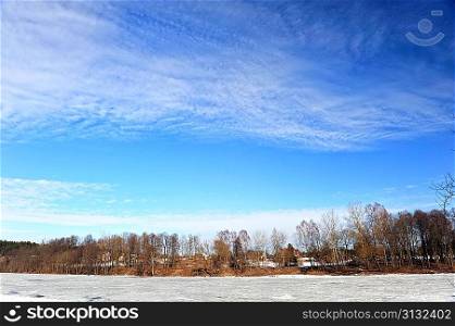 Trees and bushes on bank of snow covered river. winter landscape