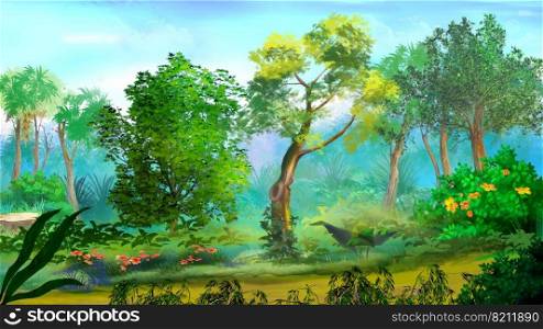 Trees and flowers in the forest on a sunny summer day. Digital Painting Background, Illustration.. Trees and flowers in the forest