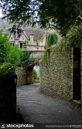 Trees and footpath in English village