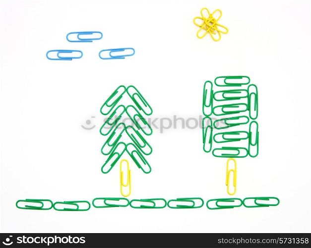 Trees from color paper clips on a white background with clouds and the sun
