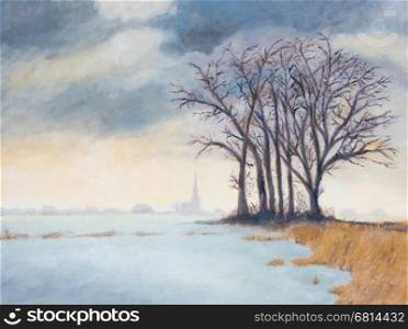 Trees in a beautiful winter landscape, painting