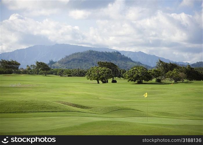Trees in a golf course with a mountain range in background, Kauai, Hawaii Islands, USA