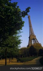Trees in front of a tower, Eiffel Tower, Paris, France