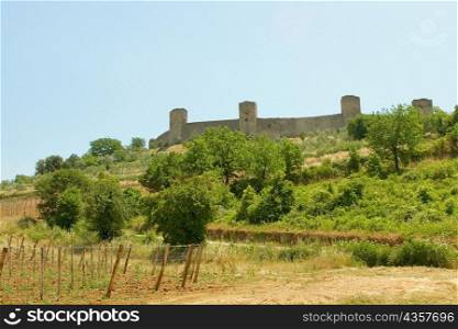 Trees on a hill in front of a fort, Monteriggioni, Siena Province, Tuscany, Italy