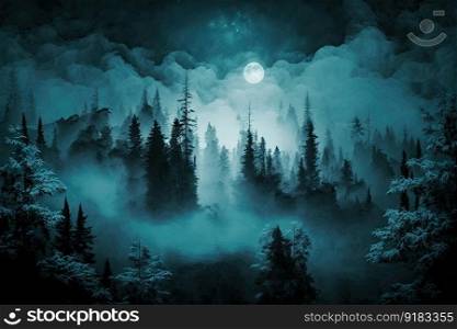 treetop view of moonlit forest, with mist rising from the trees, created with generative ai. treetop view of moonlit forest, with mist rising from the trees