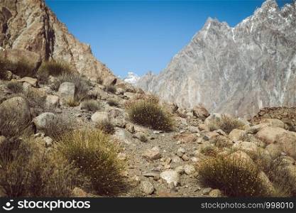 Trekking path in the wilderness area in Passu surround by mountains, Gojal Hunza. Gilgit Baltistan, Pakistan. Focus on the foreground.