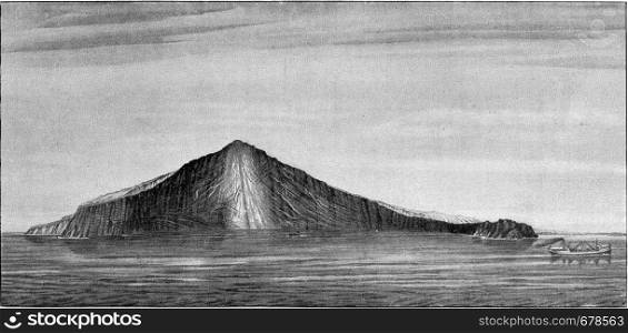 Trench produced by the eruption of 1883 Krakatoa volcano in the Strait of Sunda, vintage engraved illustration. From the Universe and Humanity, 1910.