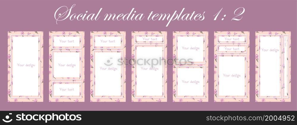 Trendy background with flowers and geometric objects. Post a story, poster, summer banner. copy space for text. Vector template, pink color. social media story template. 1: 2 size. Trendy background with flowers and geometric objects. Post a story, poster, summer banner. copy space for text. Vector template, pink color. social media story template. 1: 2 size.