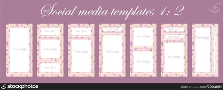 Trendy background with flowers and geometric objects. Post a story, poster, summer banner. copy space for text. Vector template, pink color. social media story template. 1: 2 size. Trendy background with flowers and geometric objects. Post a story, poster, summer banner. copy space for text. Vector template, pink color. social media story template. 1: 2 size.