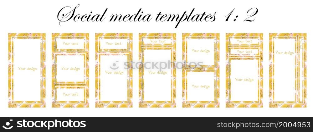 Trendy background with flowers and geometric objects. Post a story, poster, summer banner. copy space for text. Vector template, yellow color. social media story template. 1: 2 size. Trendy background with flowers and geometric objects. Post a story, poster, summer banner. copy space for text. Vector template, yellow color. social media story template. 1: 2 size.