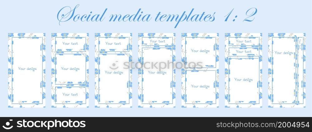 Trendy background with flowers and geometric objects. Post a story, poster, summer banner. copy space for text. Vector template, blue color. social media story template. 1: 2 size. Trendy background with flowers and geometric objects. Post a story, poster, summer banner. copy space for text. Vector template, blue color. social media story template. 1: 2 size.