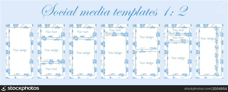 Trendy background with flowers and geometric objects. Post a story, poster, summer banner. copy space for text. Vector template, blue color. social media story template. 1: 2 size. Trendy background with flowers and geometric objects. Post a story, poster, summer banner. copy space for text. Vector template, blue color. social media story template. 1: 2 size.