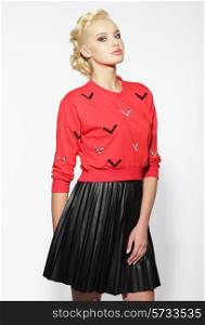 Trendy Blond in Red Blouse and Black Skirt