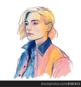 Trendy blonde woman in blue and pink  jacket. Minimalistic illustration. Generative AI