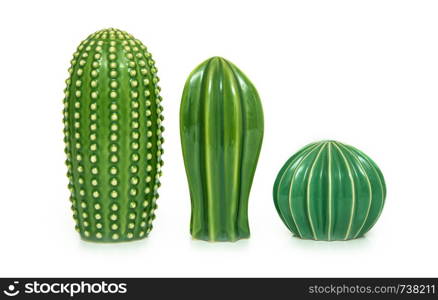 Trendy cactus shaped vases on table against white background Creative decor.