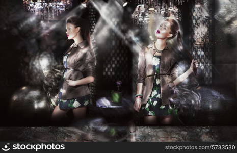 Trendy Fashion Models in Sunrays over Abstract Background