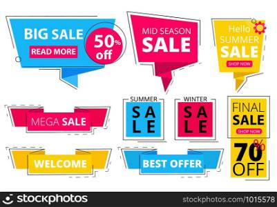 Trendy flat banners. Offers advertizing discount tags promo labels stickers graphic vector colored shapes. Illustration of discount and sale offer, promo special. Trendy flat banners. Offers advertizing discount tags promo labels stickers graphic vector colored shapes