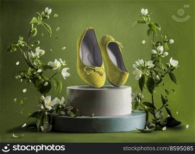 Trendy green ballerina flats shoes at podium with jasmine flowers branches at green background. Creative summer fashion concept with slippers and blossom. Modern product presentation. Front view.
