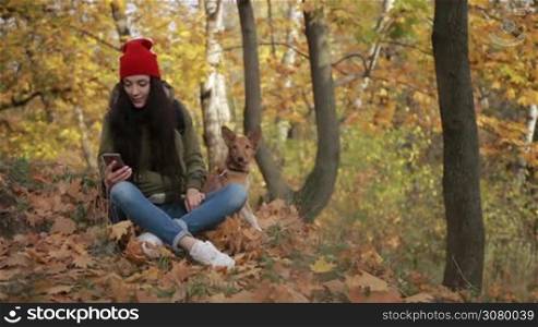 Trendy hipster girl in stylish outfit sitting on yellow fallen leaves in autumn park with her best doggy friend and surfing the net on smartphone. Woman texting on mobile phone while taking a walk with cute puppy in public park in indian summer.