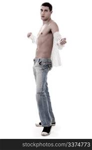 Trendy model show his muscles in jean over white background