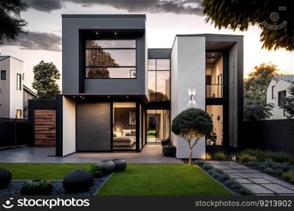 trendy modern design of house in suburb with cozy backyard, created with generative ai. trendy modern design of house in suburb with cozy backyard