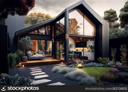 trendy modern design of house in suburb with cozy backyard, created with generative ai. trendy modern design of house in suburb with cozy backyard