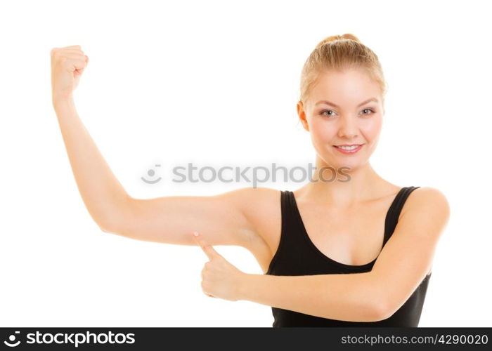 trength and power concept. Fitness woman showing fresh energy flexing biceps muscles. Girl in sportwear energetic and fun isolated