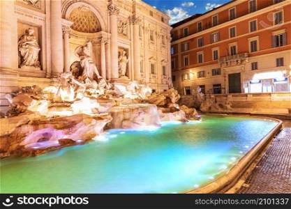 Trevi Fountain and its beautiful statues at sunrise, Rome, Italy.. Trevi Fountain and its beautiful statues at sunrise, Rome, Italy