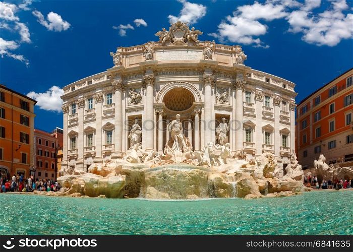 Trevi Fountain or Fontana di Trevi in Rome, Italy. Rome Trevi Fountain or Fontana di Trevi in the sunny summer day, Rome, Italy. Trevi is the most famous and visited by tourists fountain of Rome.