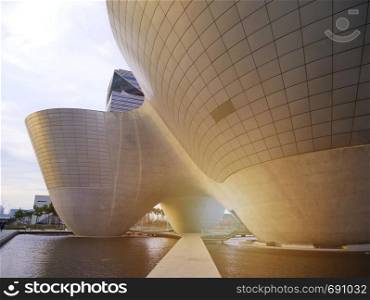 Tri-bowl building at Central Park in Songdo district, Incheon, South Korea.