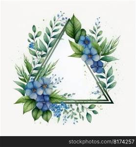 Triangle frame of blue flower and green leaves with watercolor painting isolated on white background. Theme of vintage minimal art design in geometric. Finest generative AI.. Triangle frame of blue flower and green leaves with watercolor painting.