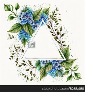 Triangle frame of blue flower and green leaves with watercolor painting isolated on white background. Theme of vintage minimal art design in geometric. Finest generative AI.. Triangle frame of blue flower and green leaves with watercolor painting.