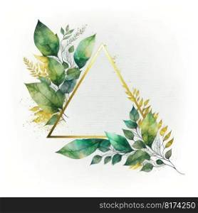 Triangle frame of green and golden leaves with watercolor painting isolated on white background. Theme of vintage minimal art design in geometric. Finest generative AI.. Triangle frame of green and golden leaves with watercolor painting.